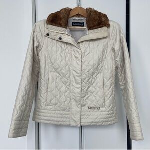 Marmot Off-White Quilted Puffer Jacket with Brown Faux Fur Collar